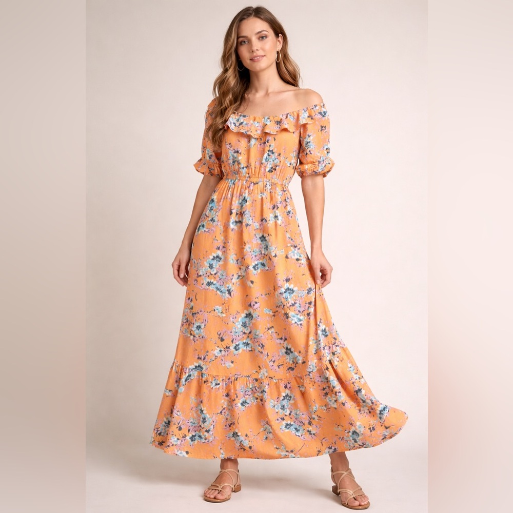 NWT Vero Moda Off Shoulder Floral Maxi Dress Orange Ankle Length Boho  [000332]